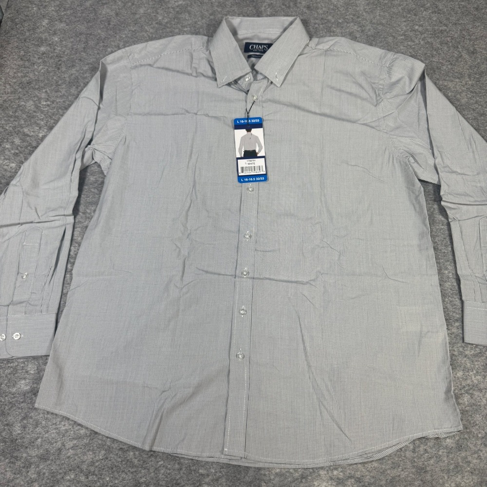 Chaps Mens Regular Fit Long Sleeve Button Down Shirt White Micro Check L 16-16.5
